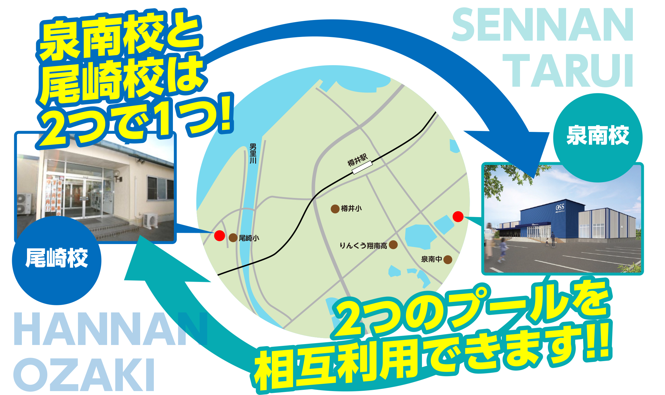 泉南ベースと尾崎ベースは2つで1つ!2つのプールを相互利用できます!!